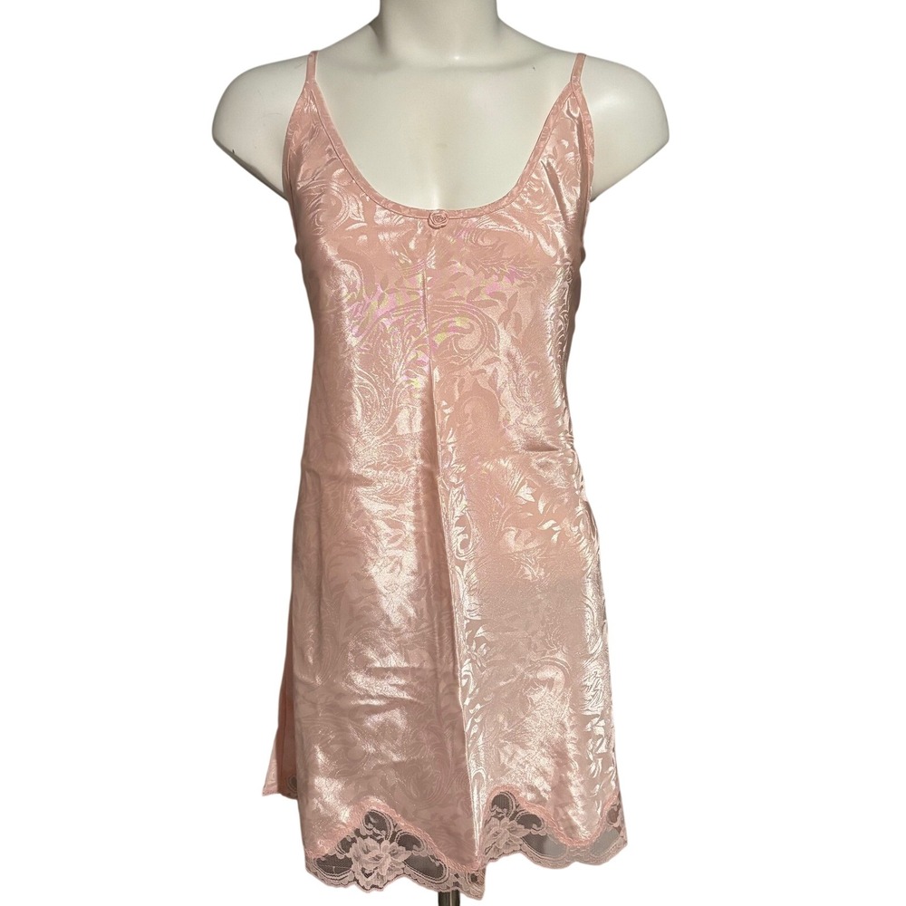Vintage Intimate Moods Pink Jacquard Lace Trim Nightgown Chemise Large